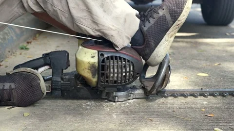Gardener trying to start gasoline Engine Tree Trimming Machine on concrete. Stockbeeldmateriaal 251302047