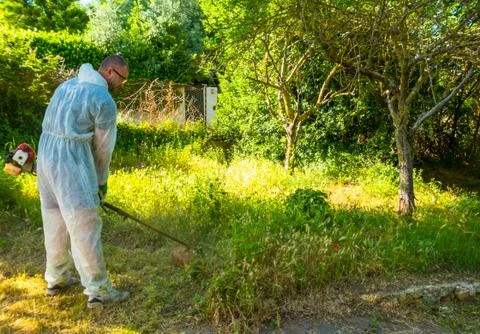 Gardener using brush cutter Stock Photos