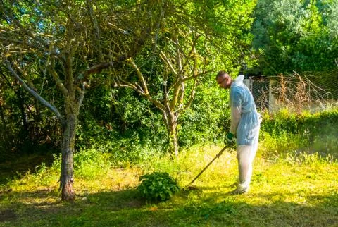 Gardener using brush cutter Stock Photos