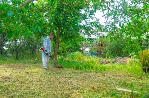 Gardener using brush cutter Foto stock