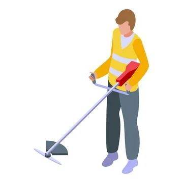 Gardener using brush cutter with rotating head isometric illustration Stock Illustration