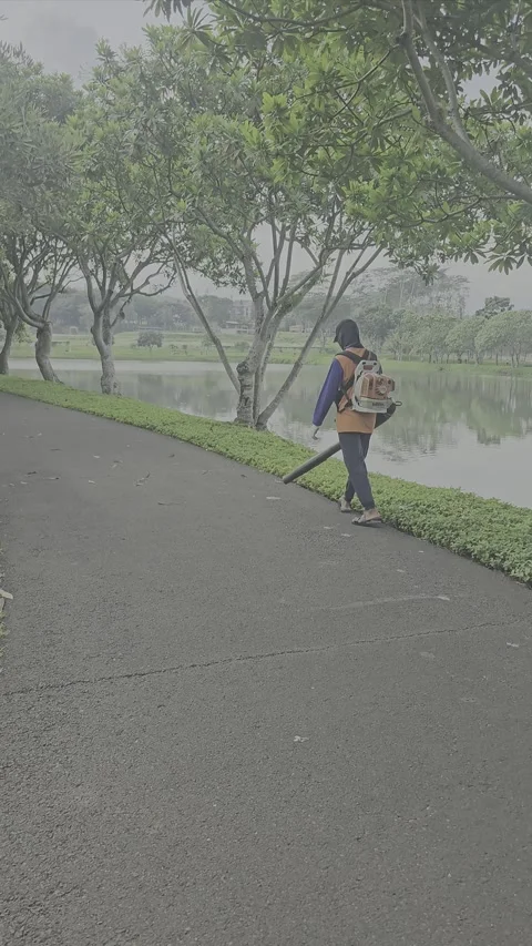 Gardener Using Leaf Blower for Lawn Maintenance by a Scenic Lake Stock Footage 294372585