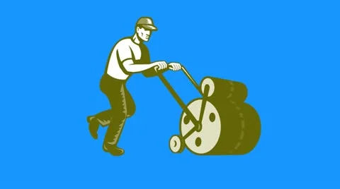 Gardener walking pushing lawn roller retro style Stock Footage