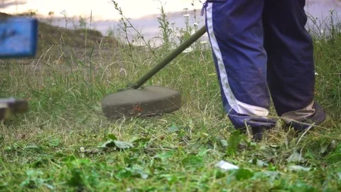 Gardener woman mowing grass with a lawn mower, slow motion Stock Footage