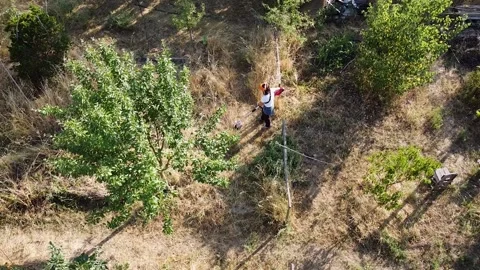 Gardener at work, cutting dry grass with a grass trimmer. Aerial view, top view Video stock 162499945