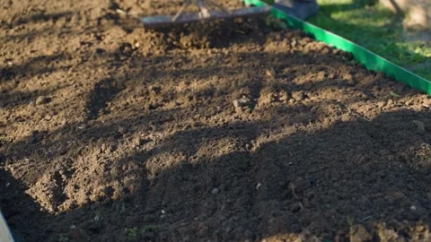 Gardener working on a garden bed with a rake in slow motion Stock Footage 342811620
