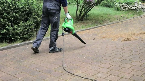 Gardener working with a leaf blower Stock Footage 130654986