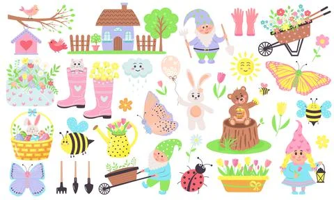 Gardening and spring set of elements such as flowers, gnomes,animals, birds, Illustrazione stock