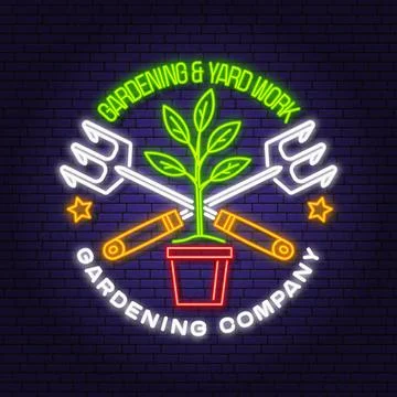 Gardening and yard work services neon emblem, label, badge, logo. Vector il.. Stock Illustration