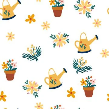 Gardening background. Floral seamless pattern. Watering can and flowers. Perf Stock Illustration