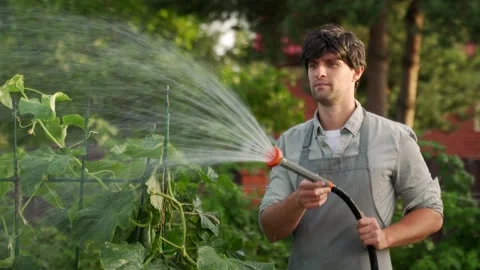 Gardening in the backyard - portrait of a gardener using a water hose and Stock Footage 219998677
