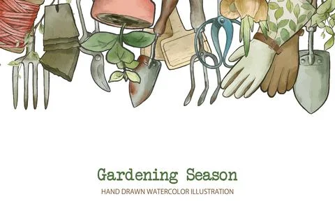Gardening border, hand drawn vector watercolor illustration Stock Illustration