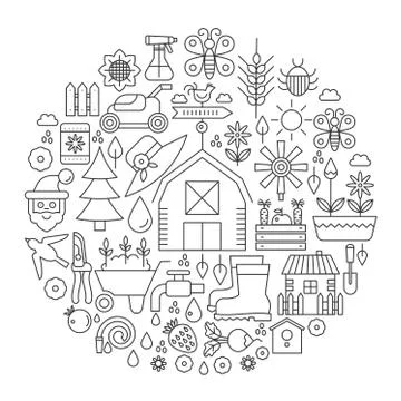 Gardening in circle - concept line vector illustration for cover, emblem, badge Stock-Illustration