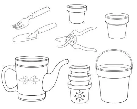 Gardening for coloring. Set of vector linear pictures on the theme of tools Stock Illustration