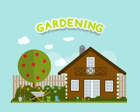 Gardening Flat Background Vector Illustration. Garden Tools, Tre Stock Illustration