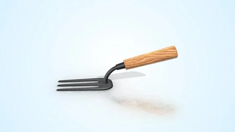 Gardening Fork on a Light Reflective Floor. Gardening Tool 3D Animation. 4K Stock Footage 302296778