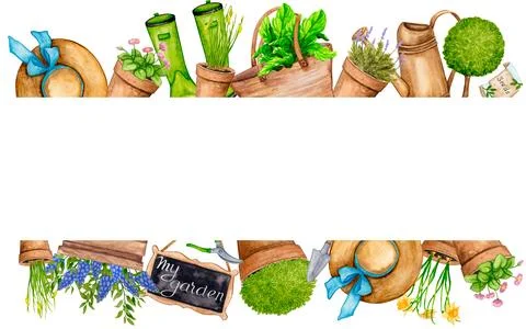 Gardening. Frame border with empty place to insert from watercolor elements 库存插图