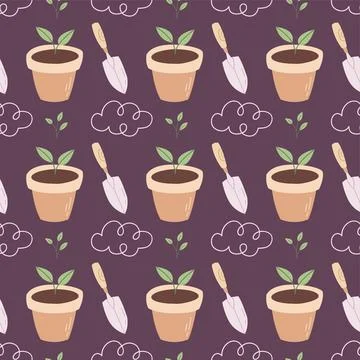 Gardening pattern vector flat hand drawn style seamless background flower pot Stock Illustration