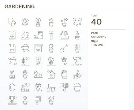 Gardening Professional Vector Set with 40 Thin Line Pixel Aligned 256x256 Ico Stock Illustration