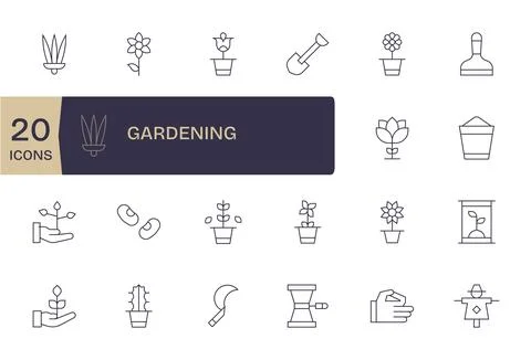 Gardening Scalable Vector Set featuring 20 Pixel Optimized Thin Line Retina.. Stock Illustration