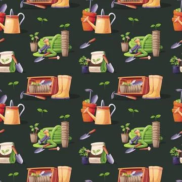Gardening Seamless Pattern with Assorted Tools and Equipment. Watering Cans,  스톡 일러스트
