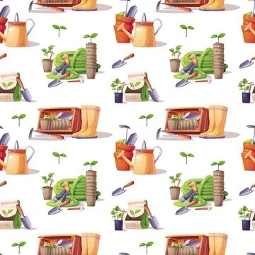 Gardening Seamless Pattern with Assorted Tools and Equipment. Watering Cans,  스톡 일러스트