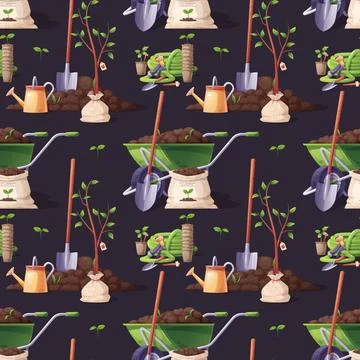 Gardening Seamless Pattern with Assorted Tools and Plants. Green Wheelbarro.. Stock Illustration