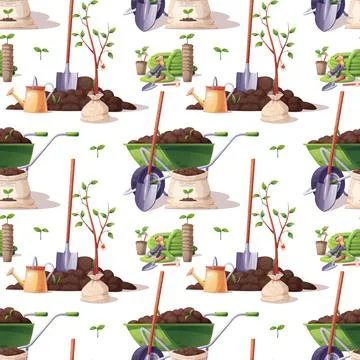 Gardening Seamless Pattern with Assorted Tools and Plants. Green Wheelbarro.. 스톡 일러스트