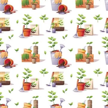 Gardening Seamless Pattern with Assorted Tools and Supplies. Wooden Crates, M Stock Illustration