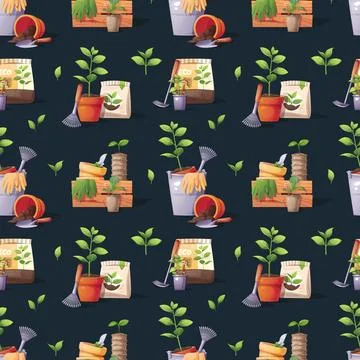 Gardening Seamless Pattern with Assorted Tools and Supplies. Wooden Crates, M 스톡 일러스트