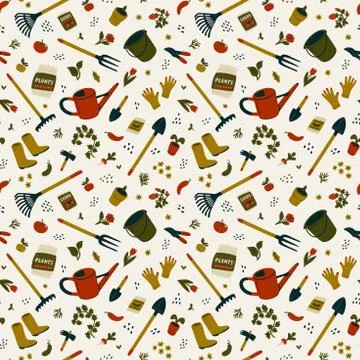 Gardening seamless pattern. Different types of tools for gardening and Stock Illustration