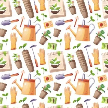 Gardening Seamless Pattern with Essential Tools and Supplies. Watering Can, Y 스톡 일러스트
