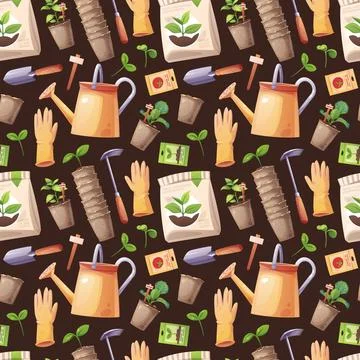 Gardening Seamless Pattern with Essential Tools and Supplies. Watering Can, Y 스톡 일러스트
