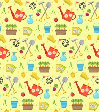 Gardening seamless pattern with garden tools. Spring endless backdrop. Hort.. Stock Illustration