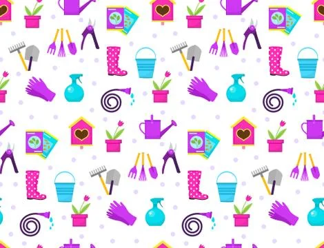Gardening seamless pattern with garden tools. Spring endless backdrop Stock Illustration