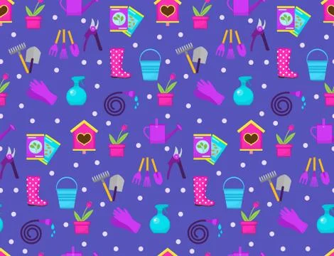 Gardening seamless pattern with garden tools. Spring endless backdrop Stock Illustration