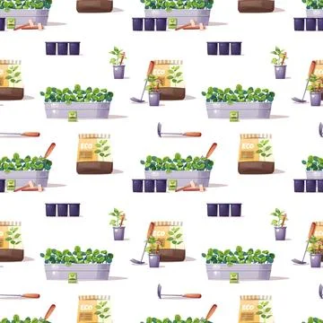 Gardening seamless pattern with growing plants and supplies. Rectangular plan Stock Illustration