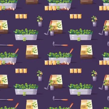Gardening seamless pattern with growing plants and supplies. Rectangular plan Stock Illustration
