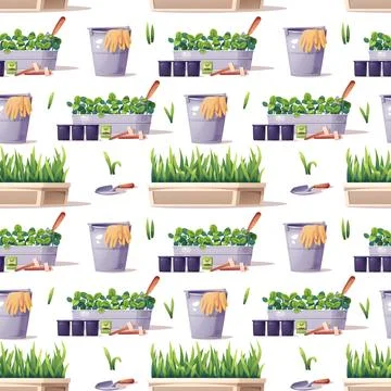 Gardening seamless pattern with growing plants and supplies. Rectangular plan Stock Illustration