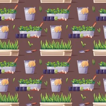 Gardening seamless pattern with growing plants and supplies. Rectangular plan Illustrazione stock
