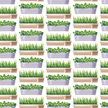 Gardening seamless pattern with rectangular planters and greenery. Wooden and 库存插图