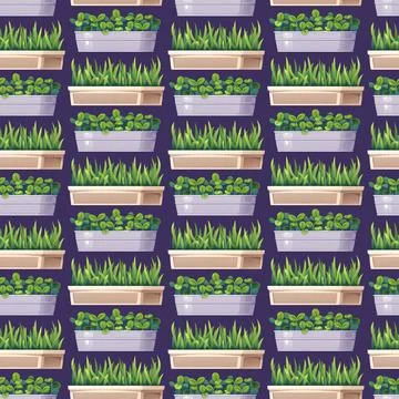 Gardening seamless pattern with rectangular planters and greenery. Wooden and Stock Illustration