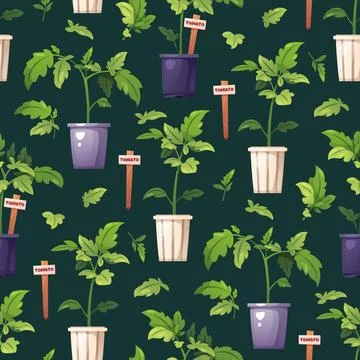 Gardening Seamless Pattern with Tomato Seedlings in Pots and Wooden Markers.. Stock Illustration