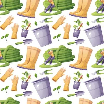 Gardening Seamless Pattern with Tools and Equipment. Rubber Boots, Garden Hos Illustrazione stock