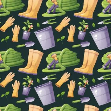Gardening Seamless Pattern with Tools and Equipment. Rubber Boots, Garden H.. Illustrazione stock