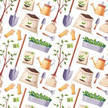 Gardening Seamless Pattern with Tools and Supplies. Shovels, Watering Cans, G Stock Illustration