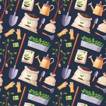 Gardening Seamless Pattern with Tools and Supplies. Shovels, Watering Cans, G 스톡 일러스트