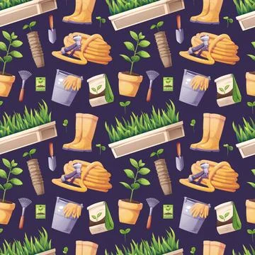 Gardening Seamless Pattern with Tools and Plants. Rubber Boots, Coiled Hose.. 스톡 일러스트