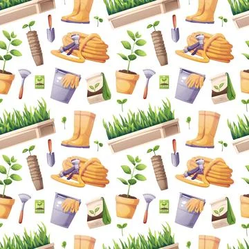 Gardening Seamless Pattern with Tools and Plants. Rubber Boots, Coiled Hose,  Stock Illustration