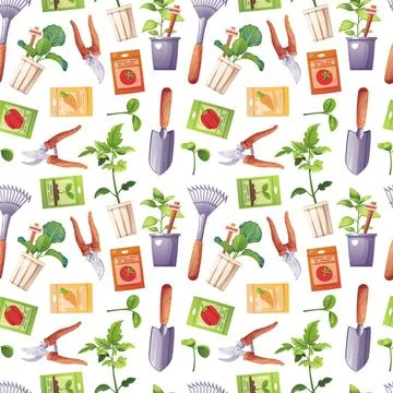 Gardening Seamless Pattern with Tools and Seedlings. Vegetable Sprouts in P.. 스톡 일러스트